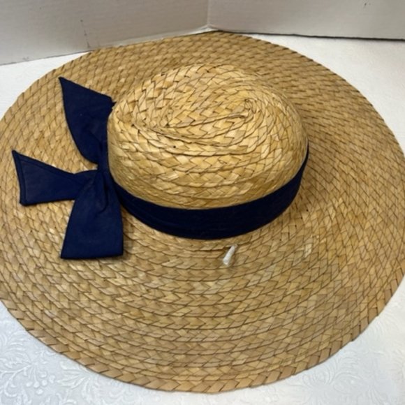 Large Brim Woven Straw Hat w/Navy Blue Bow & White Tie Cord - Picture 5 of 6